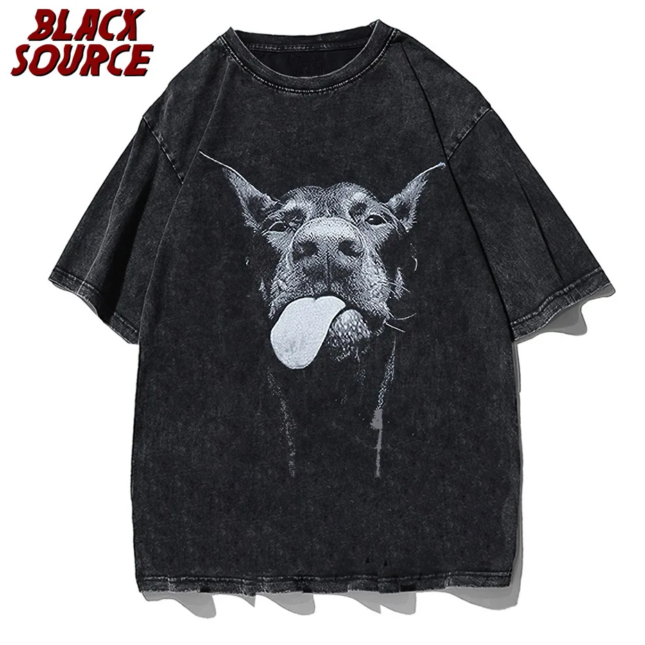Мужские готические футболки, уличная одежда в стиле хип-хоп, панк-топы с буквенным принтом собаки, Летние винтажные выстиранные футболки оверсайз с коротким рукавом Изображение 0