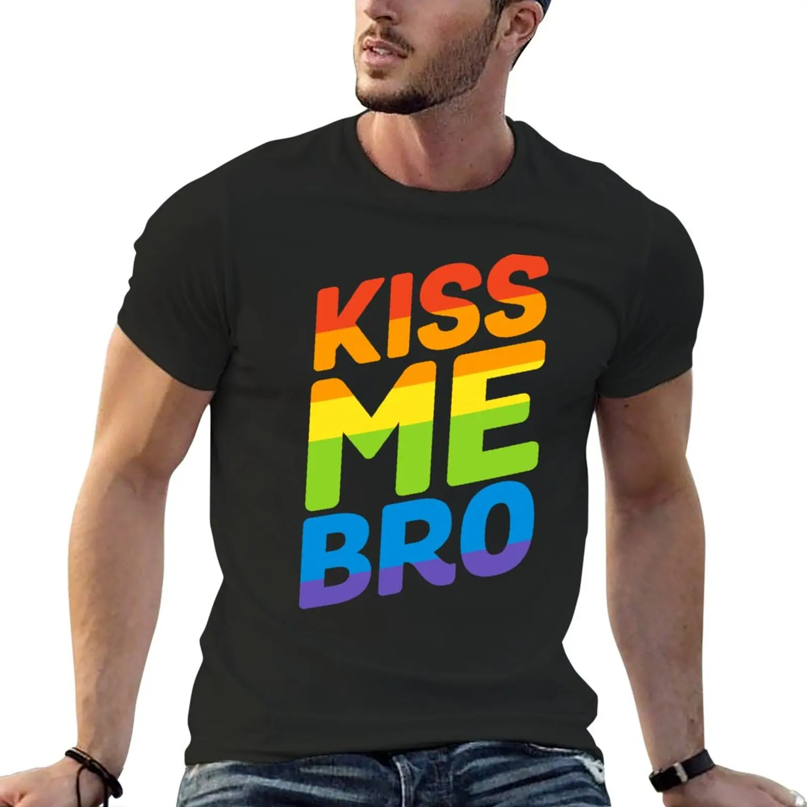 Новая футболка Kiss Me Bro Rainbow Gay Pride, футболки для мальчиков, футболки с графическим рисунком, спортивные футболки fruit of the loom, мужские футболки Изображение 0