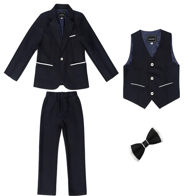 Новейшие дизайнерские черные милые детские костюмы, модный комплект детской одежды, строгий классический блейзер для мальчиков с цветами (куртка + брюки + галстук-бабочка + жилет) Изображение 0