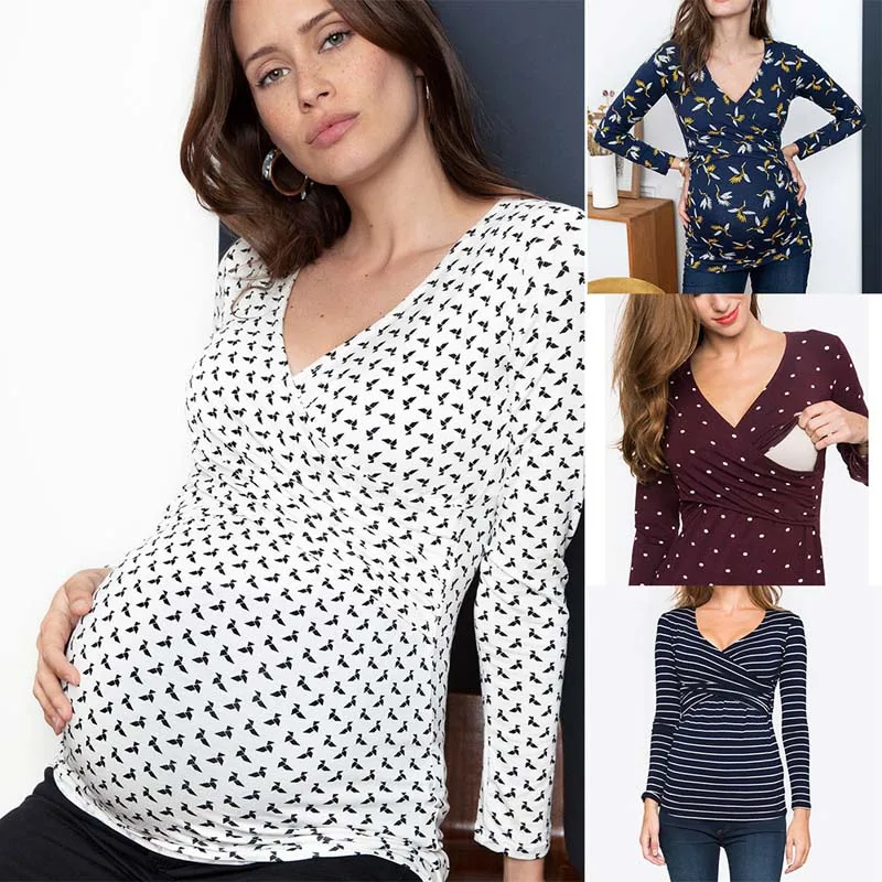Одежда для беременных, V-образный вырез, крест, длинный рукав, одежда для кормления грудью, футболка для беременных, удобная и приятная для кожи Изображение 0