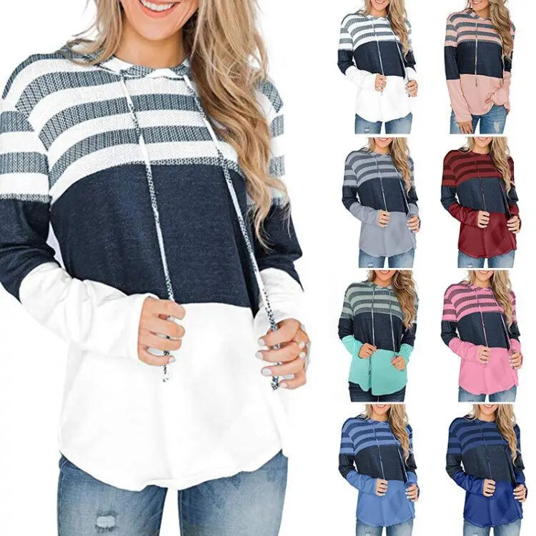 Осень/Зима 2023, внешняя торговля, свободный пуловер с капюшоном, свитер контрастной строчки с длинным рукавом для женщин Изображение 0