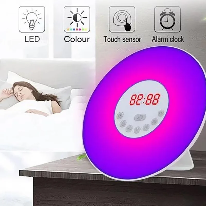 Световой будильник для пробуждения, имитация восхода/захода солнца, цифровые часы с FM-радио, 7 цветов, функция звукового сопровождения, Сенсорное управление Изображение 0