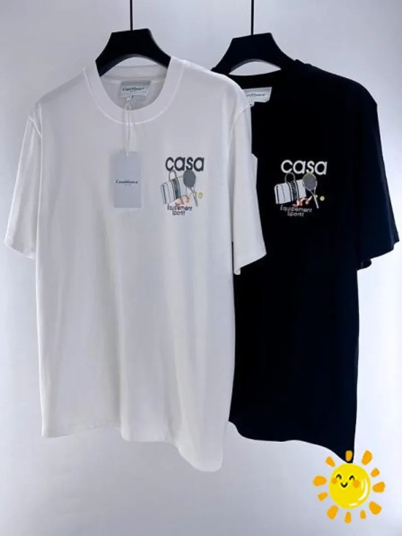Топовая версия теннисной ракетки Crewneck CASA, футболка Casablanca, мужская, женская, черно-белая, футболка, футболки Изображение 0