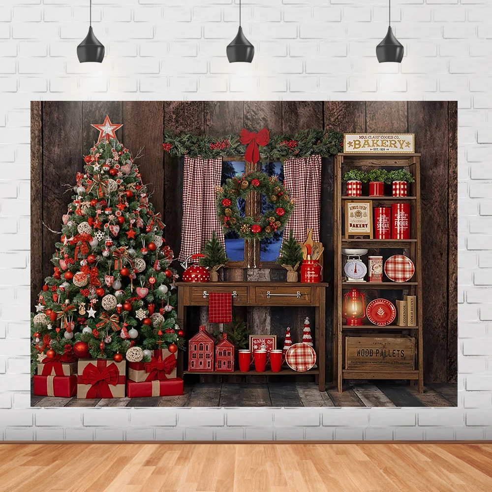 Фон для фотосъемки Рождественской пекарни Рождественская елка украшения для рождественской вечеринки для новорожденных подарки, гирлянды фон для деревянной доски Изображение 0