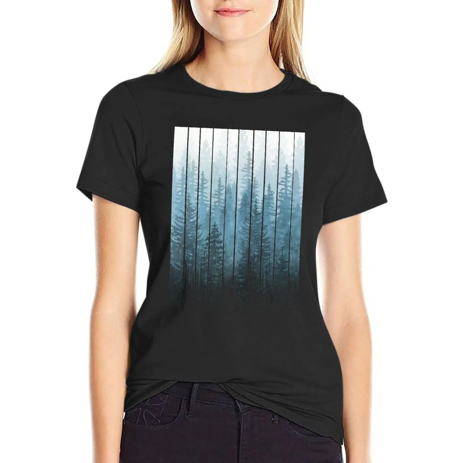 Футболка с бирюзовым туманным лесом в стиле гранж, летняя одежда, женская футболка Изображение 0