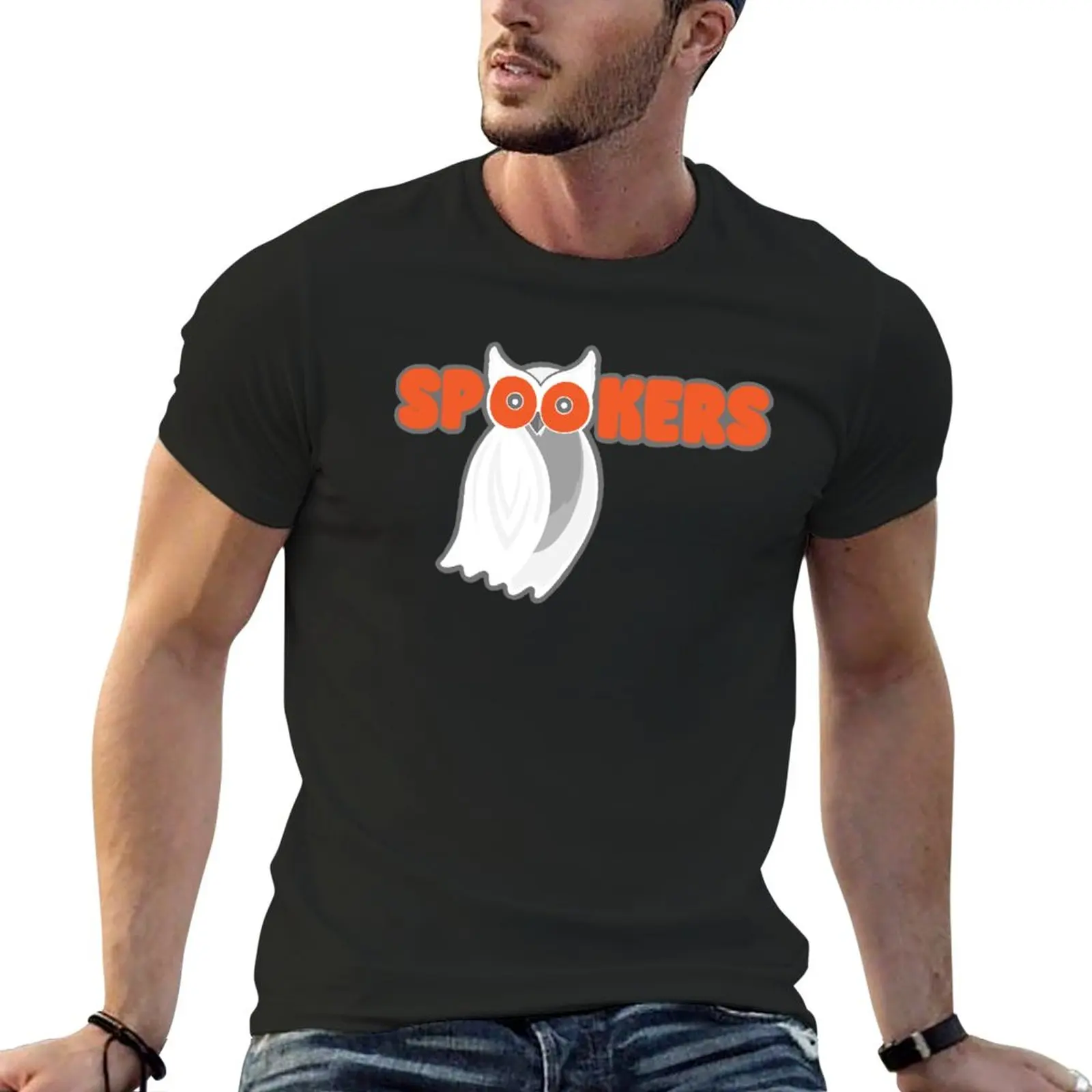 Футболка с логотипом Spookers (Призрачная сова), короткая футболка, корейские модные футболки с графическим рисунком, черные футболки для мужчин Изображение 0