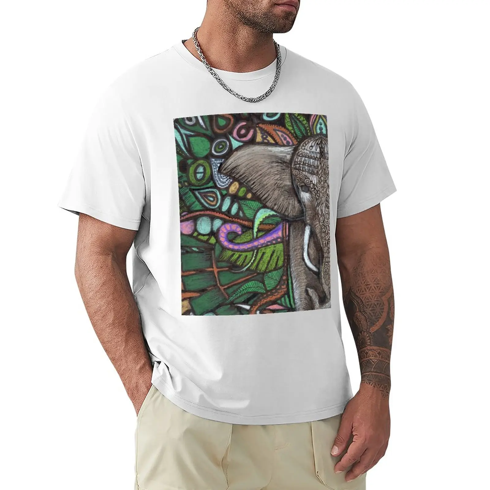 Футболка со слоном, красочным рисунком, тропический лес, быстросохнущие топы с животным принтом для мальчиков, простые белые футболки для мужчин Изображение 0