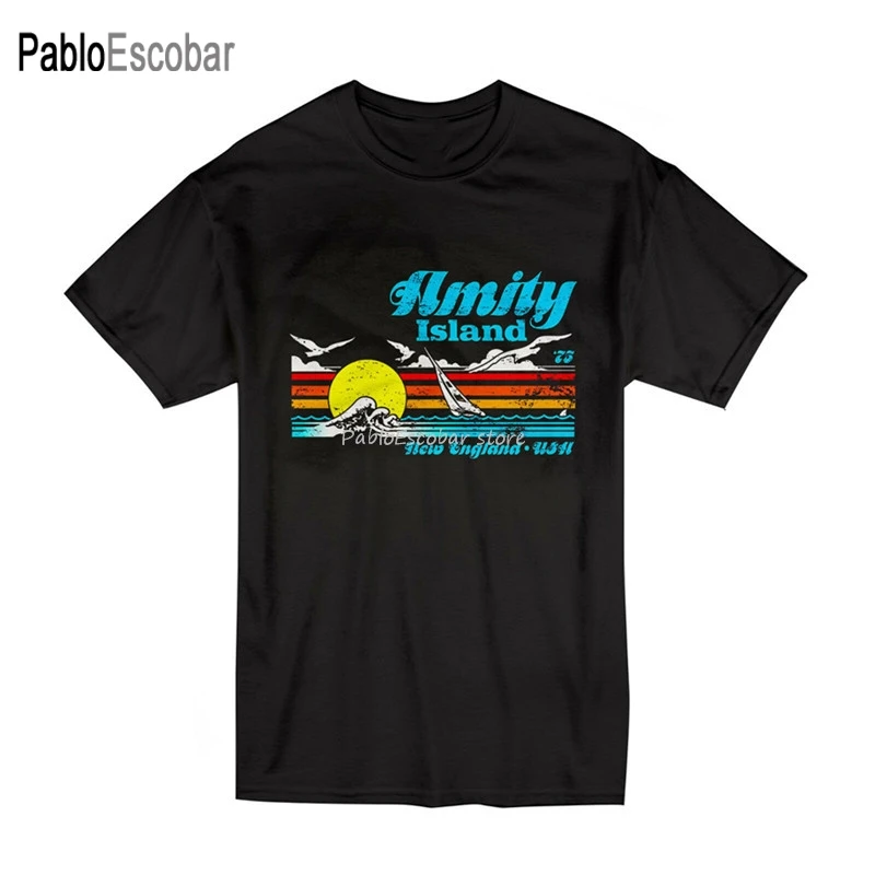 хлопчатобумажная футболка мужские летние футболки мужская футболка Amity Island Винтажная футболка Jaws Размер S-2Xl Черный Цвет Новая Крутая Футболка Изображение 0