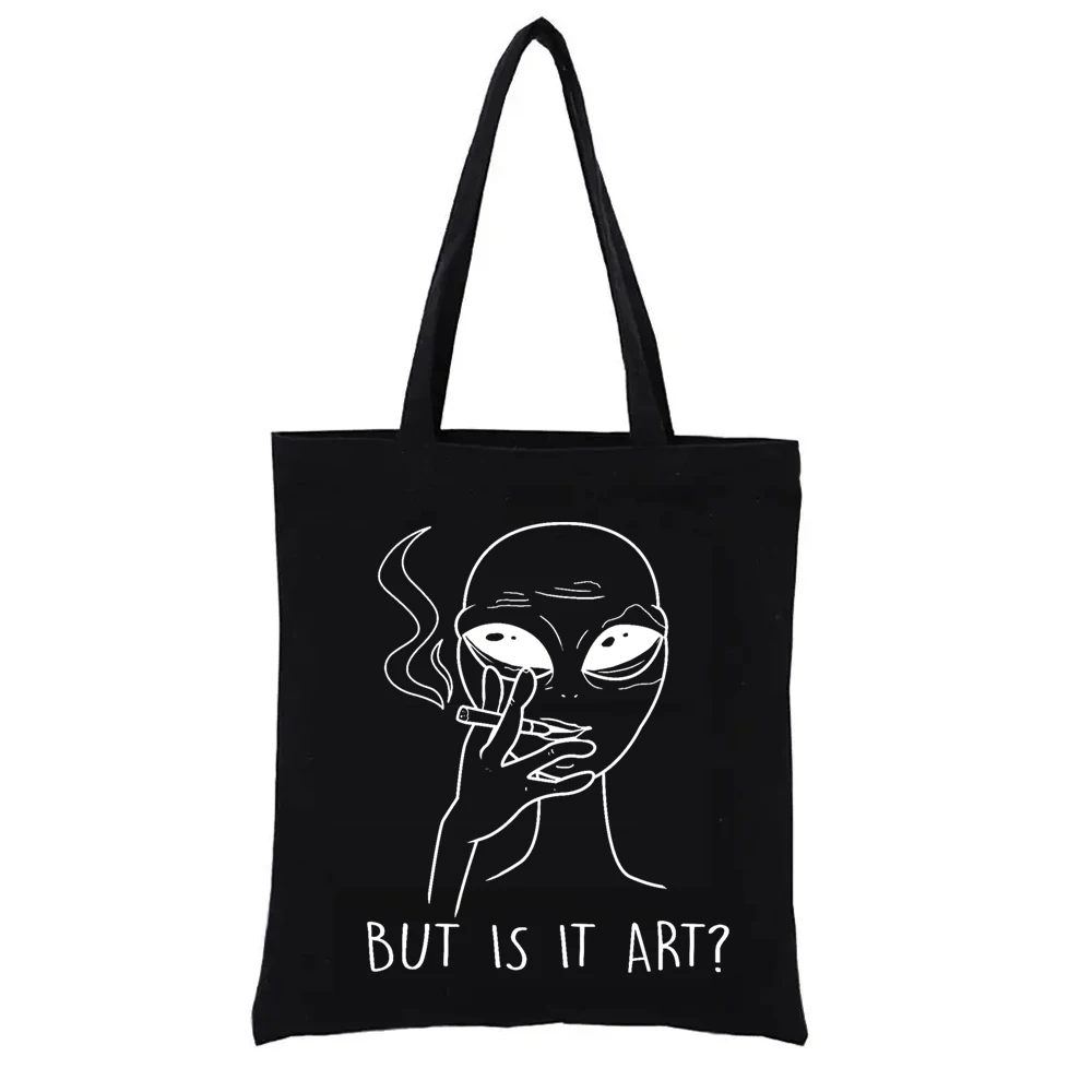Художественная сумка-тоут с изображением любителя курения инопланетянина, сумки для покупок с внеземным принтом, женские сумки, Модная сумка для покупок, Забавная сумка для покупок Изображение 0