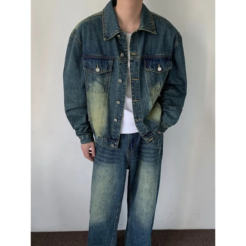 2023 Осенние джинсовые куртки в корейском стиле в стиле ретро, повседневные джинсовые куртки с двойными карманами, мужские, M-XXL Изображение 1
