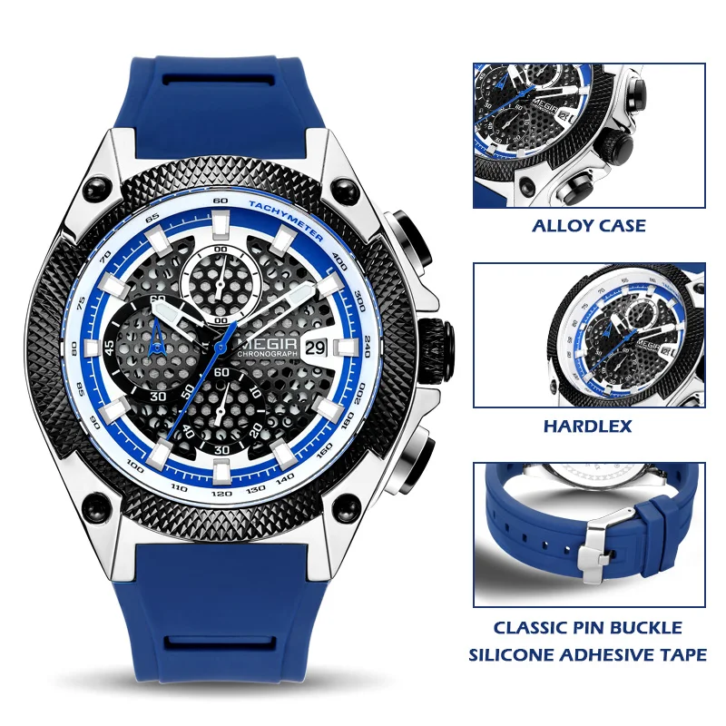 MEGIR Мужские спортивные часы Relogio Masculino С синим силиконовым ремешком Мужские часы Лучший бренд класса Люкс, светящиеся водонепроницаемые кварцевые часы Man Изображение 1