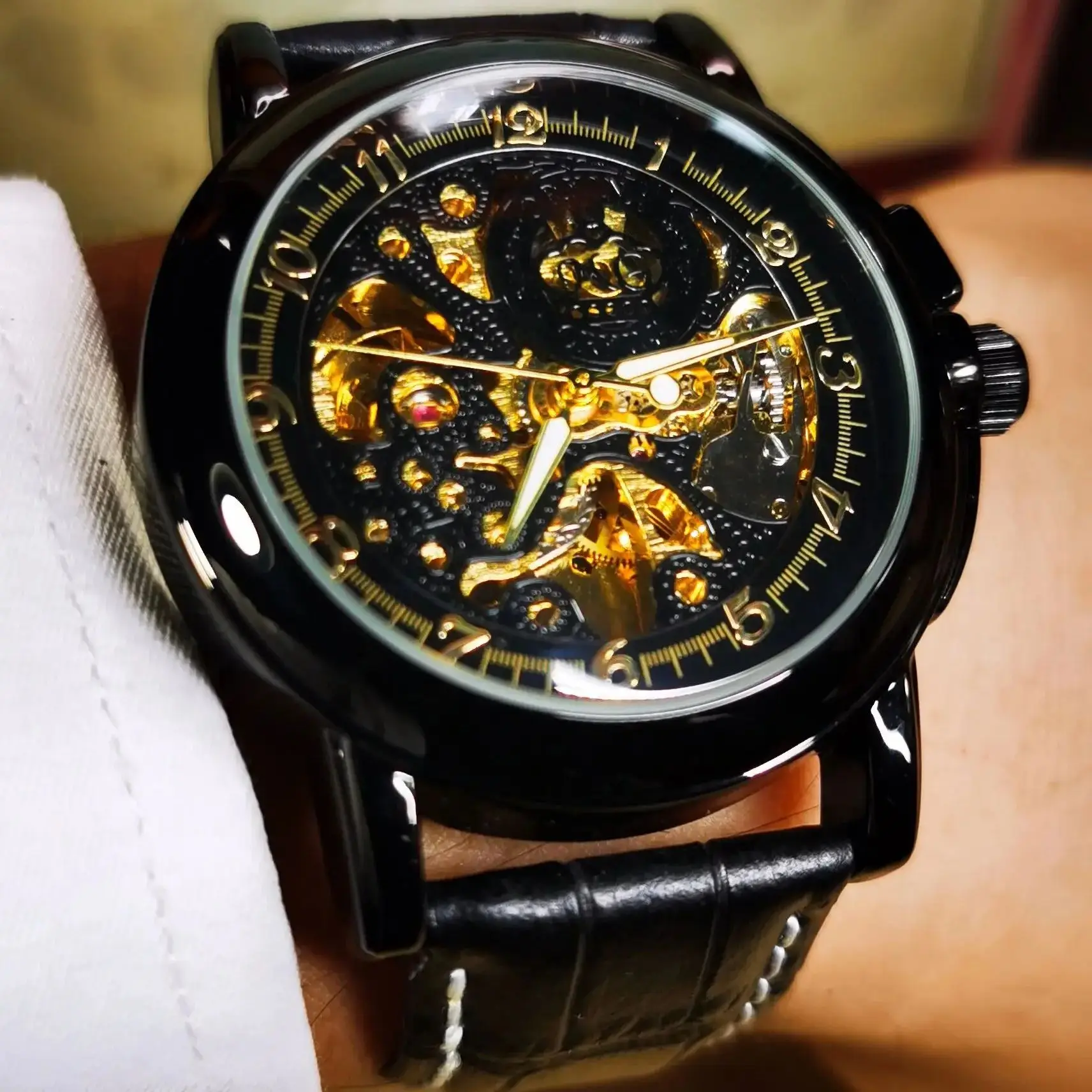 ORKINA, мужские часы со скелетом из черного золота, лучший бренд, Роскошный кожаный ремень, Классические механические часы со светящейся стрелкой, деловые наручные часы Изображение 1