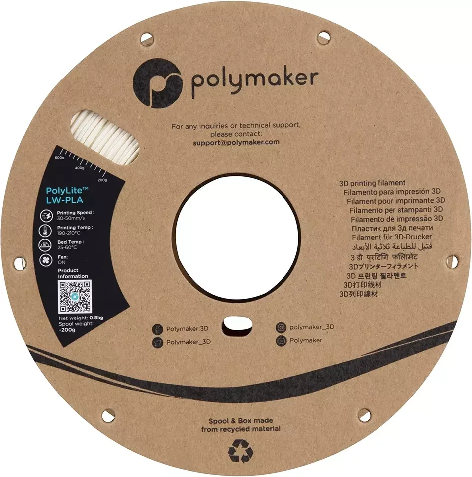 Polymaker PLA PolyLite LW-PLA 3D Нить накаливания Картонная катушка PLA Нить накаливания низкой плотности 1,75 мм 3D нить накаливания 0,8 кг / рулон Изображение 1