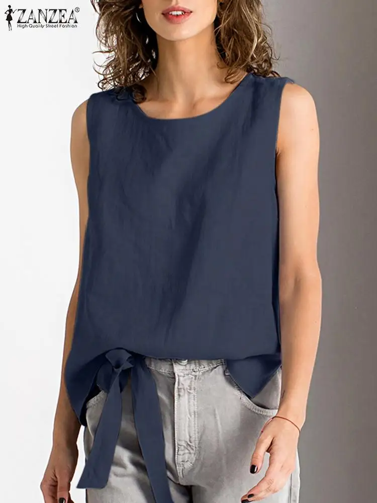ZANZEA Элегантная однотонная блузка для женщин, Летняя Свободная рабочая рубашка, женские топы на бретелях без рукавов с круглым вырезом, повседневные блузки на шнуровке, туника Изображение 1