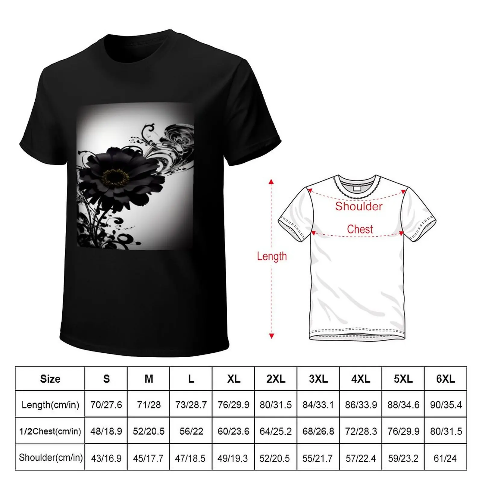 Атласный Черный Большой Цветок со Стеблями и Листьями, Кружащимися на Сером фоне Футболки, графические футболки, мужские футболки с коротким рукавом Изображение 1