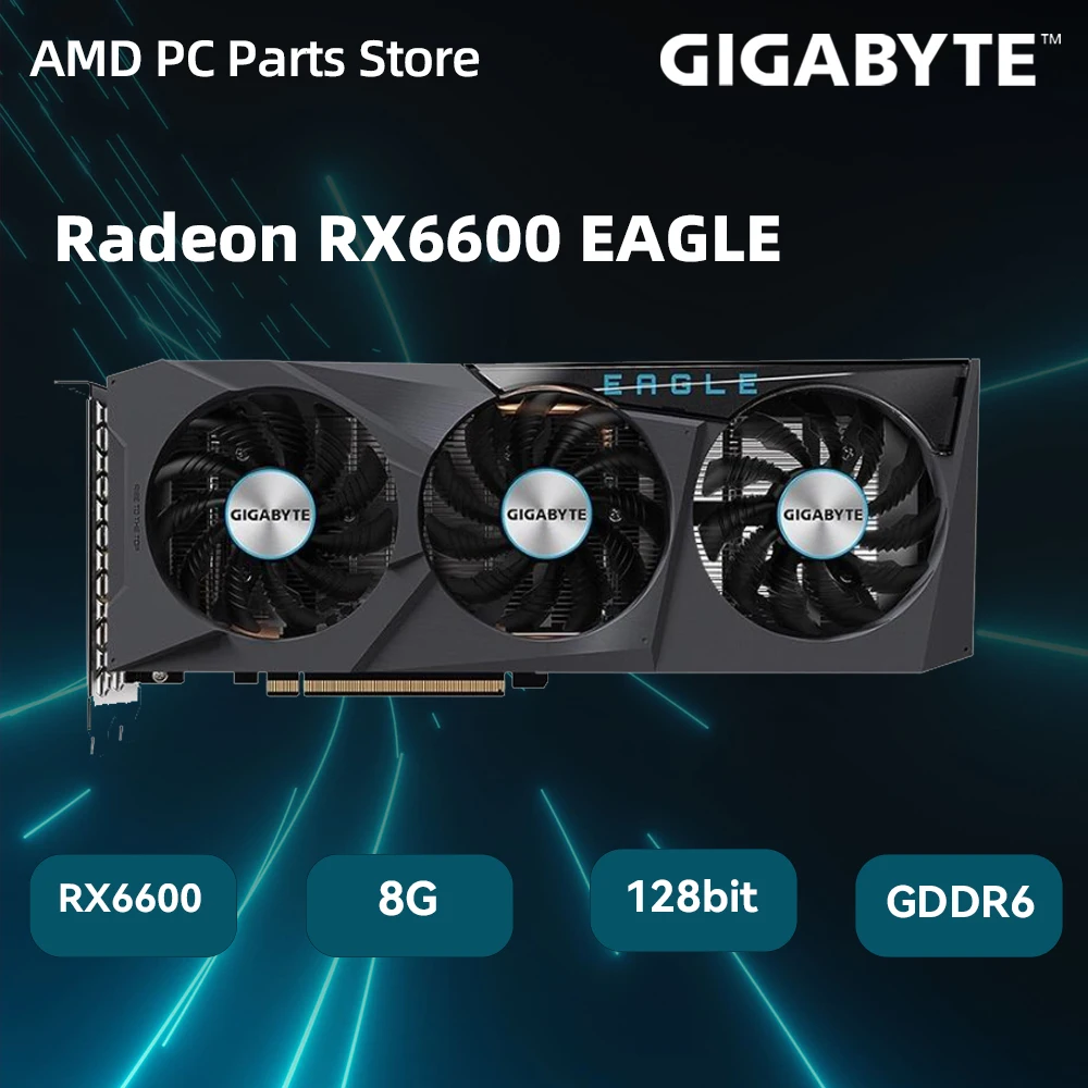Видеокарты GIGABYTE Radeon RX6600 EAGLE 8G GDDR6 2491 МГц 128-битная Видеокарта Vedio PCIe 4.0 RX 6600 GPU Для Gaming place mae Изображение 1