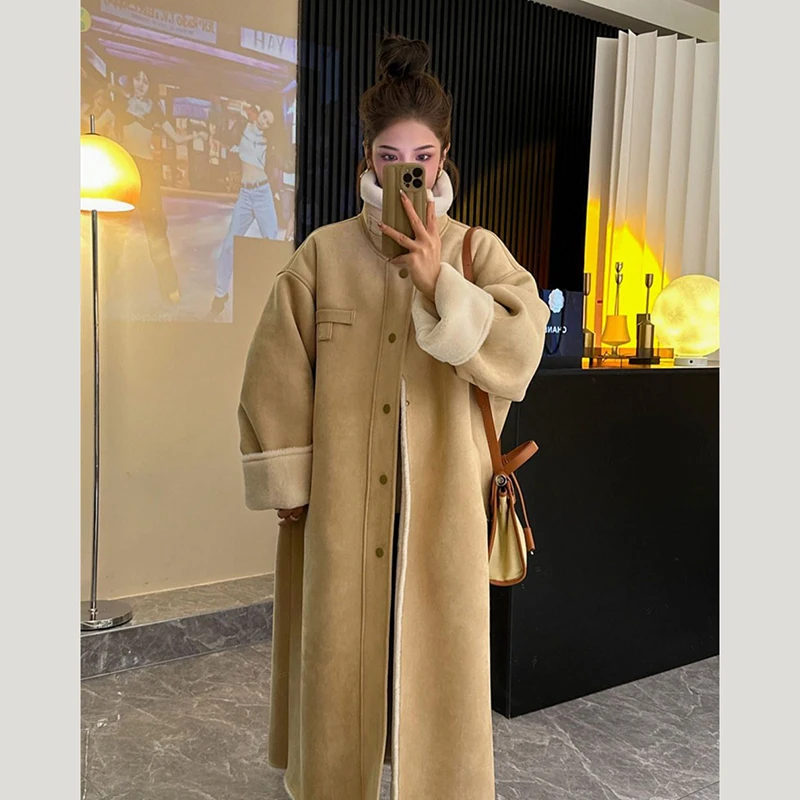 Высококачественные теплые пальто из искусственного ягненка, Женская Зимняя Корейская Элегантная однотонная утепленная Длинная куртка, Женская Свободная универсальная верхняя одежда из смесей Изображение 1