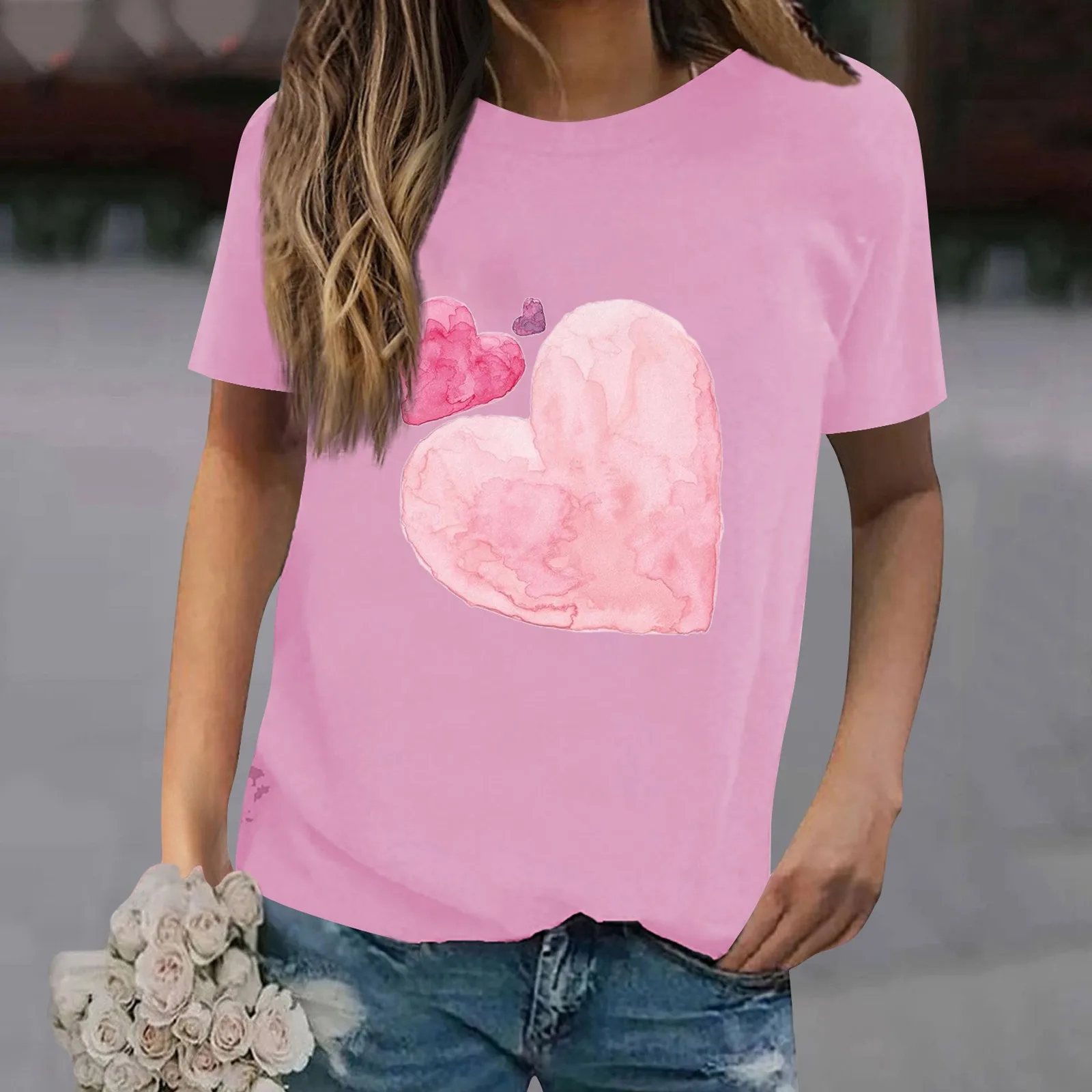 Женская новая летняя футболка с круглым вырезом и короткими рукавами с простым принтом любви на День Святого Валентина, повседневный топ Изображение 1