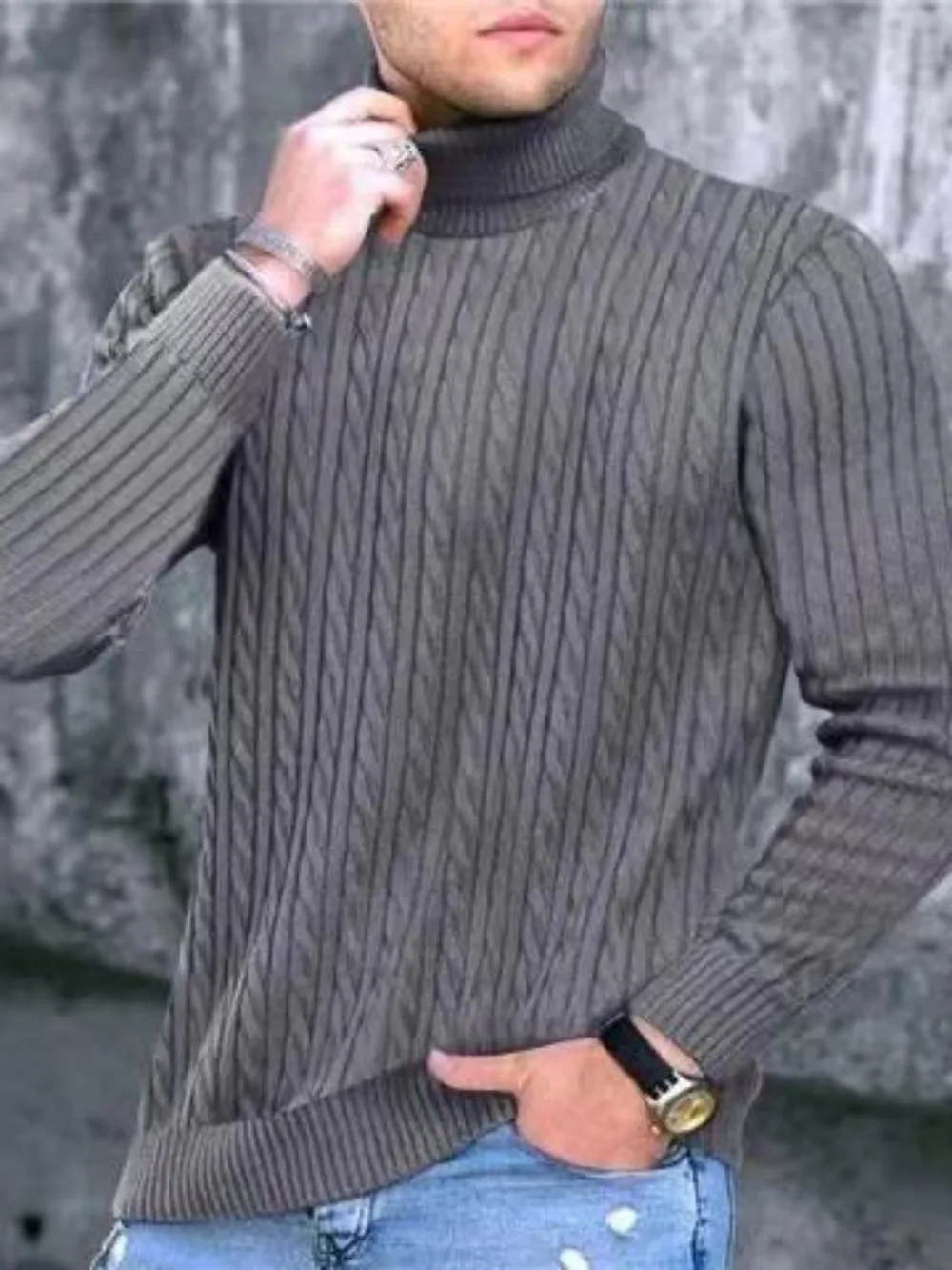 Зимний Повседневный Свитер-пуловер с высоким воротом Для мужчин, Модный Теплый Вязаный Шерстяной свитер-пуловер с высоким воротом и длинными рукавами для мужчин на открытом воздухе Изображение 1