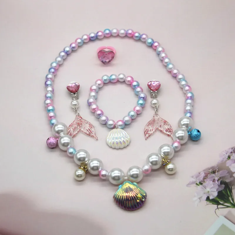 Красочный мультяшный ювелирный набор, ожерелье с Русалочкой, браслет, кольцо, ракушка, Маленькая девочка, принцесса, Имитация жемчуга, Детские украшения для девочек Изображение 1