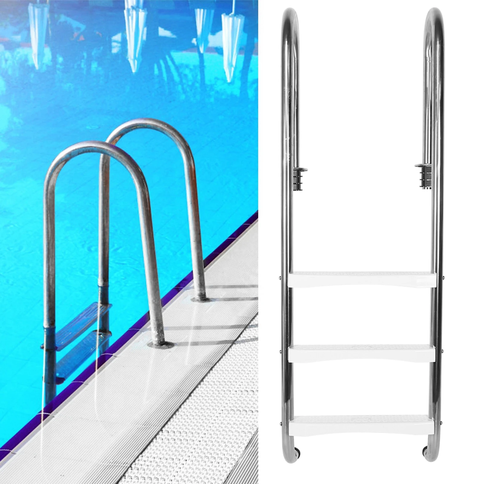 Лестница для бассейна высотой 150 см, 3 ступени, оборудование для бассейна из нержавеющей стали 304, противоскользящая лестница, ступени для бассейна Изображение 1