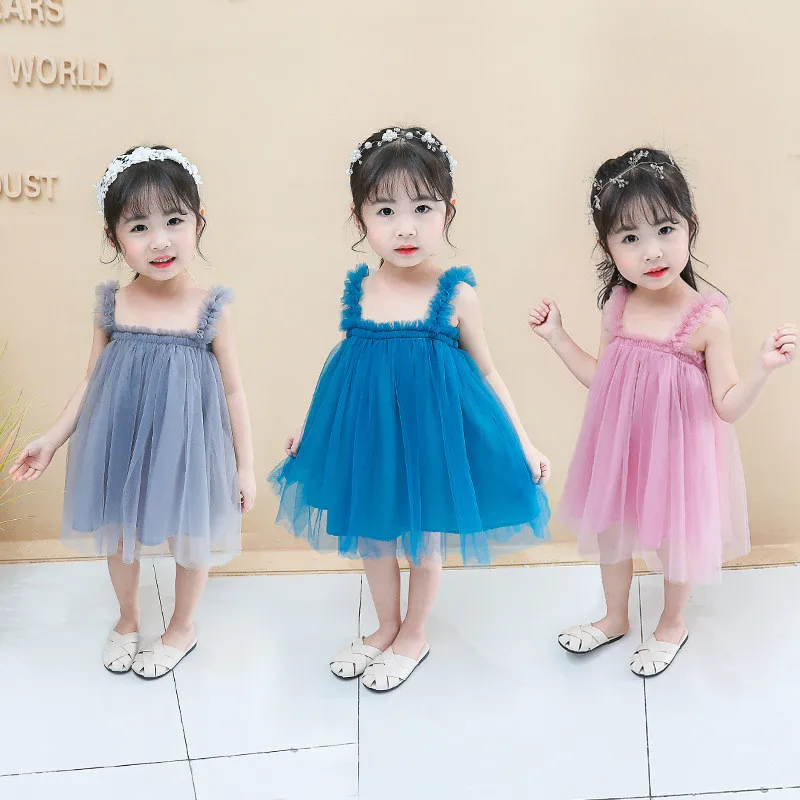 Летнее платье принцессы для девочек, детская одежда, новый стиль, детские однотонные сетчатые слинги, детское платье, одежда, подарки на день рождения Изображение 1