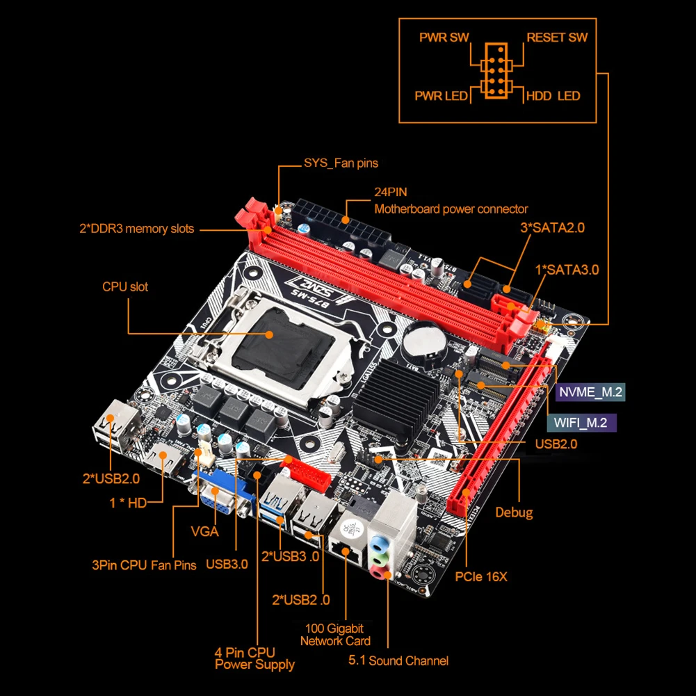 Материнская плата, совместимая с HDMI / VGA / NVME M.2 LGA 1155, поддерживает 2 слота памяти Материнской платы DDR3 с PCIe 16x для компьютерных игр Изображение 1