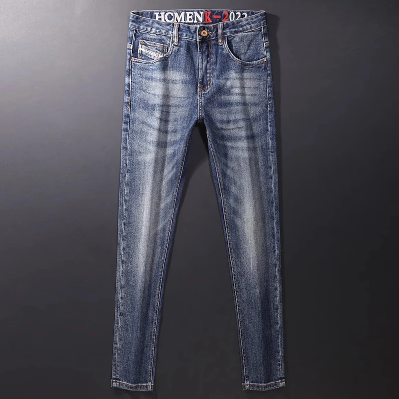 Модные дизайнерские мужские джинсы, высококачественные синие эластичные облегающие винтажные джинсы с вышивкой, мужские повседневные джинсовые брюки Homme Изображение 1