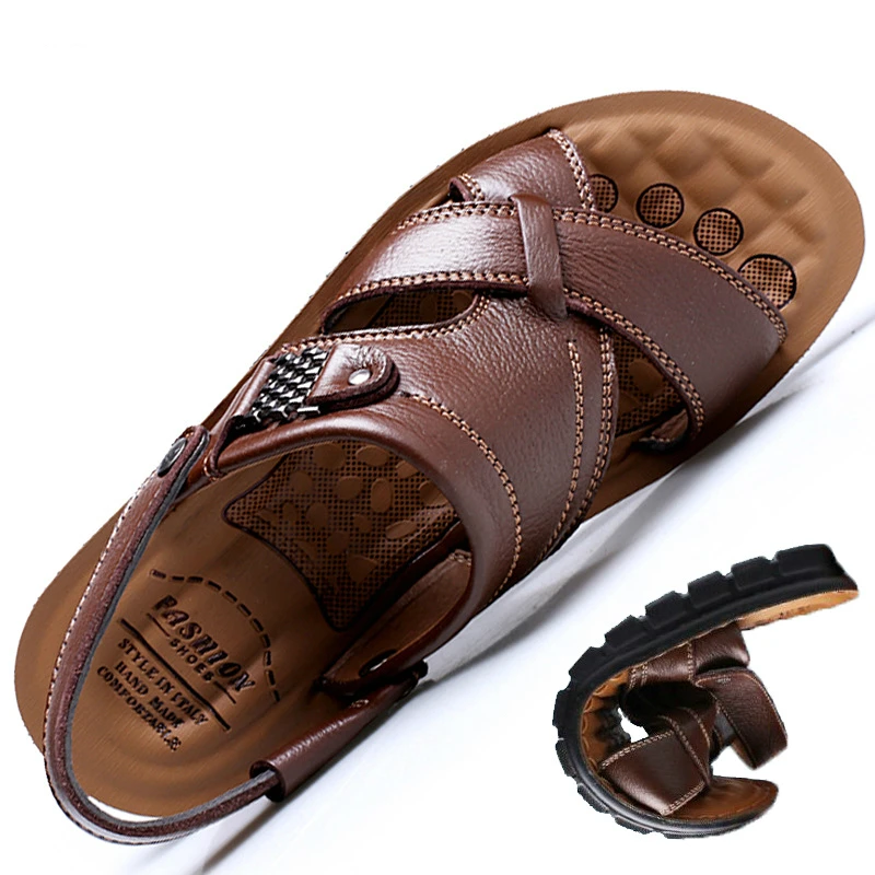 Мужские сандалии из натуральной кожи без застежки с открытым носком, модная повседневная обувь, Мужские Тапочки, Летние пляжные сандалии в римском стиле, Большие размеры 38-48 Изображение 1