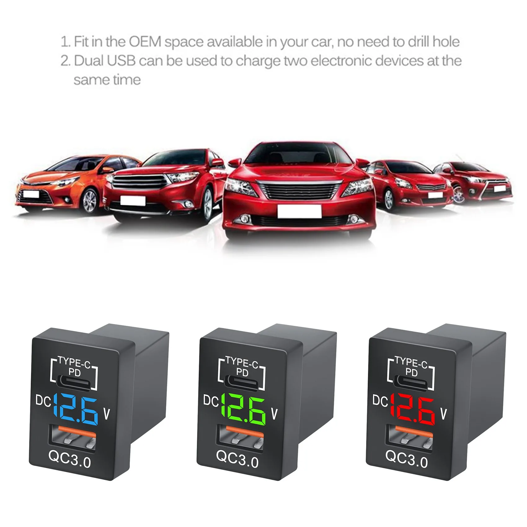 Новое зарядное устройство QC3.0 USB для автомобильного зарядного устройства PD Type-C с красным светодиодным цифровым вольтметром для новой Toyota Quick Charge Изображение 1