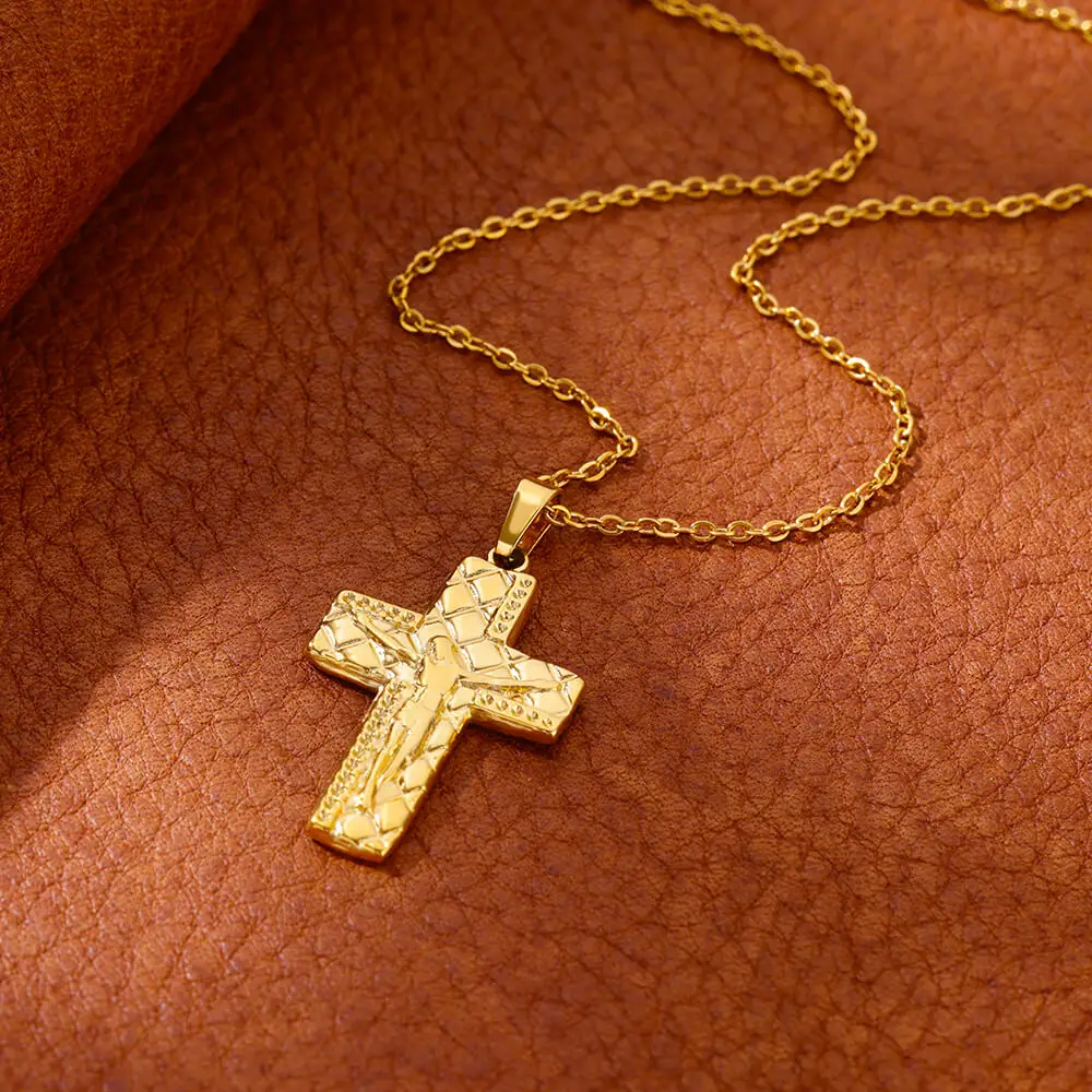Подвеска с крестом Иисуса, Золотое ожерелье с тиснением для женщин, колье из нержавеющей стали, повседневный трендовый ювелирный подарок Изображение 1