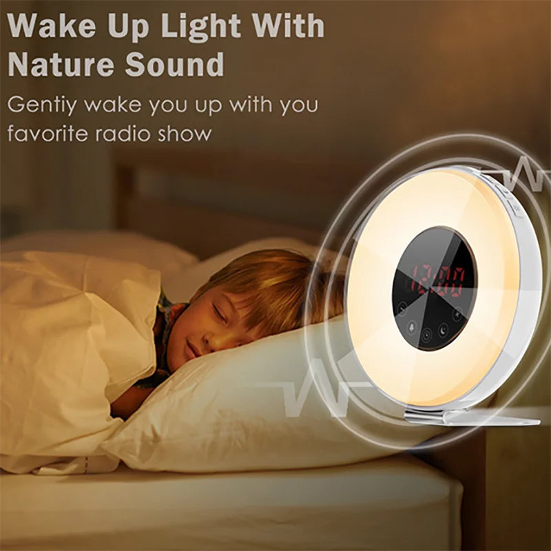 Световой будильник для пробуждения, имитация восхода/захода солнца, цифровые часы с FM-радио, 7 цветов, функция звукового сопровождения, Сенсорное управление Изображение 1