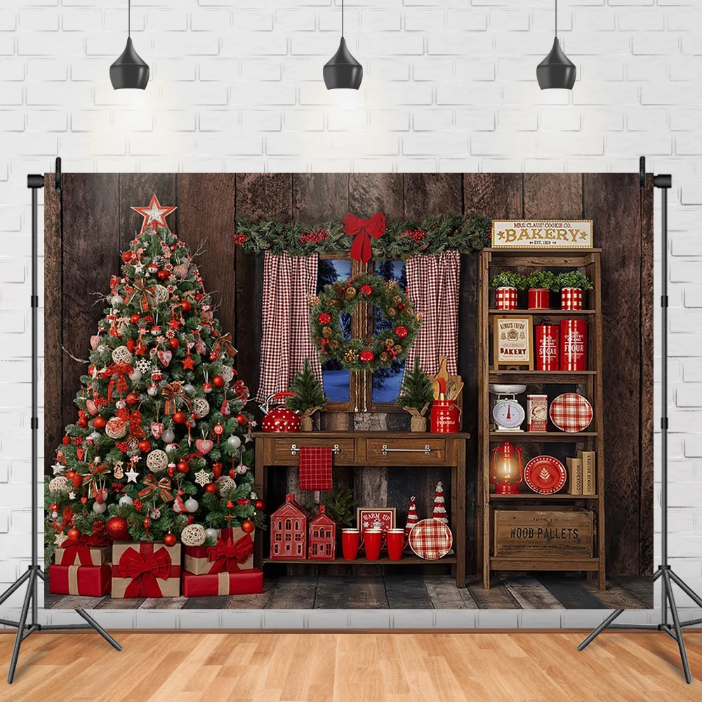 Фон для фотосъемки Рождественской пекарни Рождественская елка украшения для рождественской вечеринки для новорожденных подарки, гирлянды фон для деревянной доски Изображение 1