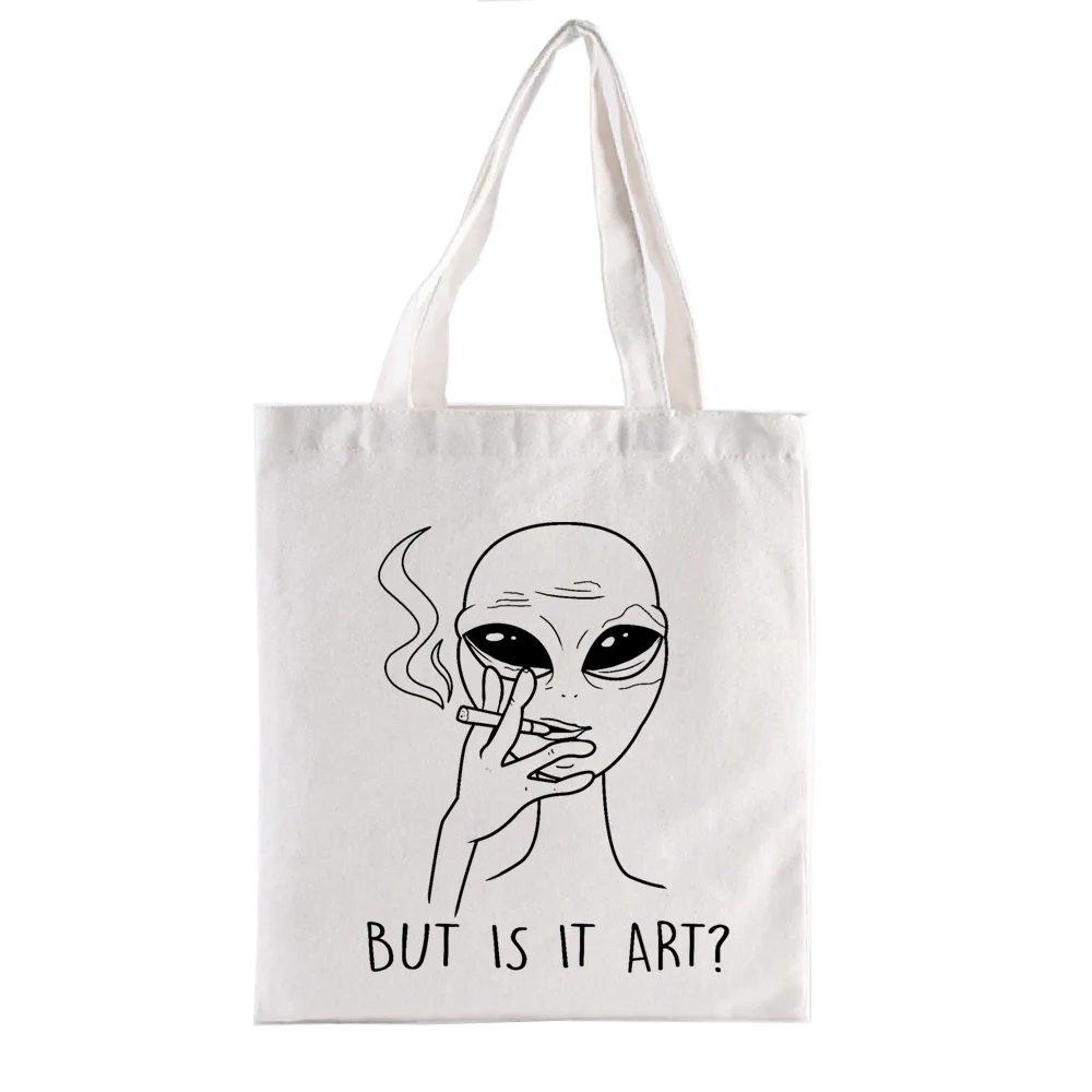 Художественная сумка-тоут с изображением любителя курения инопланетянина, сумки для покупок с внеземным принтом, женские сумки, Модная сумка для покупок, Забавная сумка для покупок Изображение 1