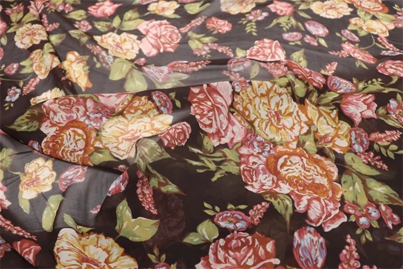 Черный фон Крупная цветочная группа С принтом из жоржета, Шелк, шифон, прозрачная ткань, женское платье-рубашка, полупрозрачная шелковая ткань Изображение 1