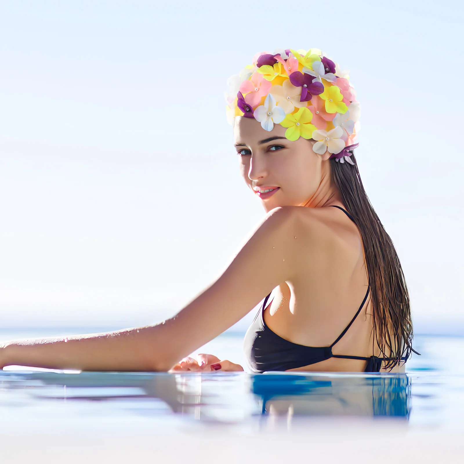 Шапочка для купания с лепестками, шапочка для плавания с цветочным рисунком, шапочка для плавания с цветочным рисунком, сохраняет длинные волосы сухими. Изображение 1