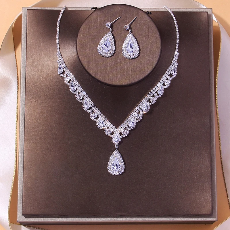 2023 Роскошное ожерелье с каплевидными серьгами из кубического циркония, набор свадебных украшений для невесты, подарки для женщин Изображение 2