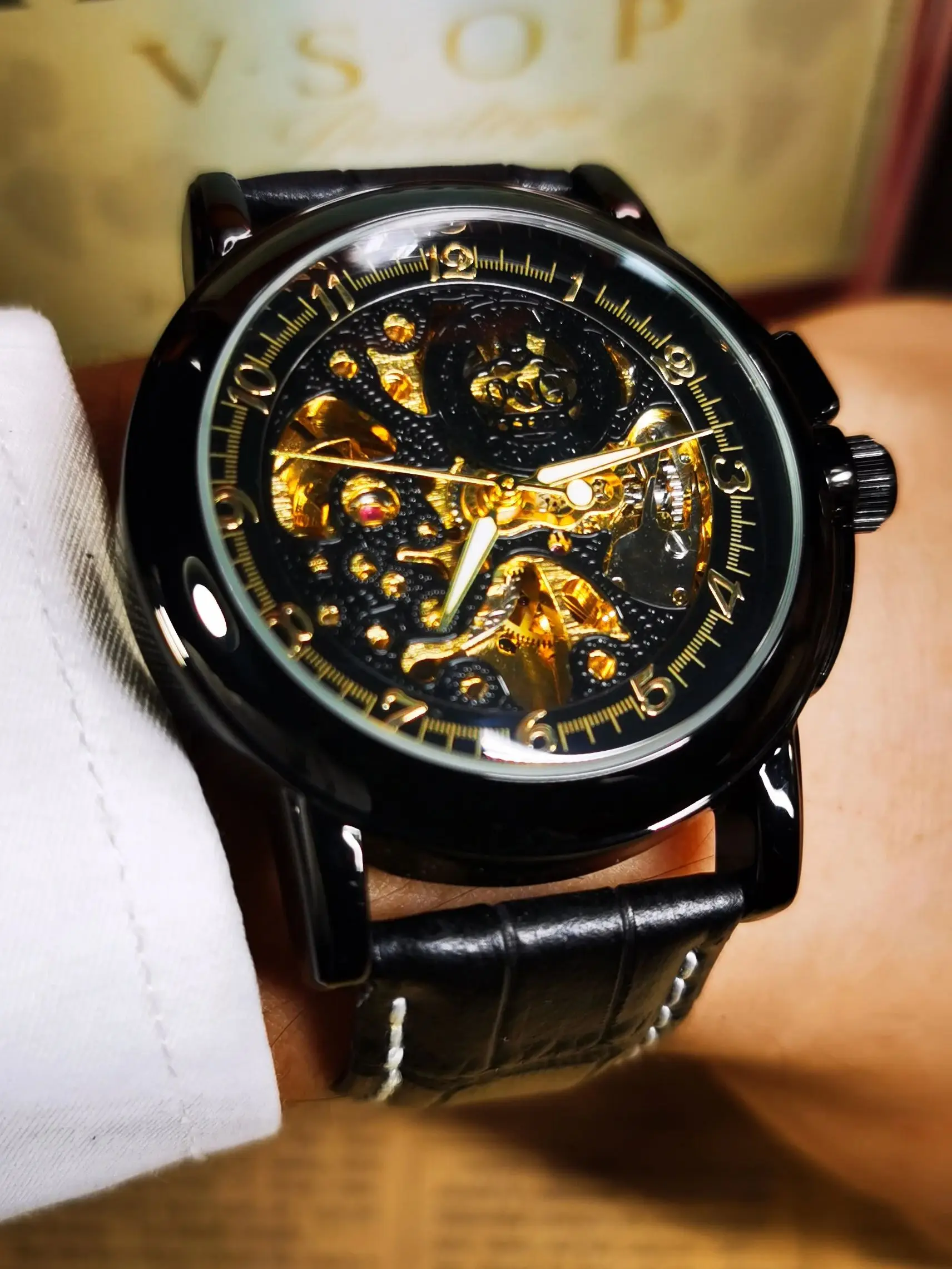 ORKINA, мужские часы со скелетом из черного золота, лучший бренд, Роскошный кожаный ремень, Классические механические часы со светящейся стрелкой, деловые наручные часы Изображение 2