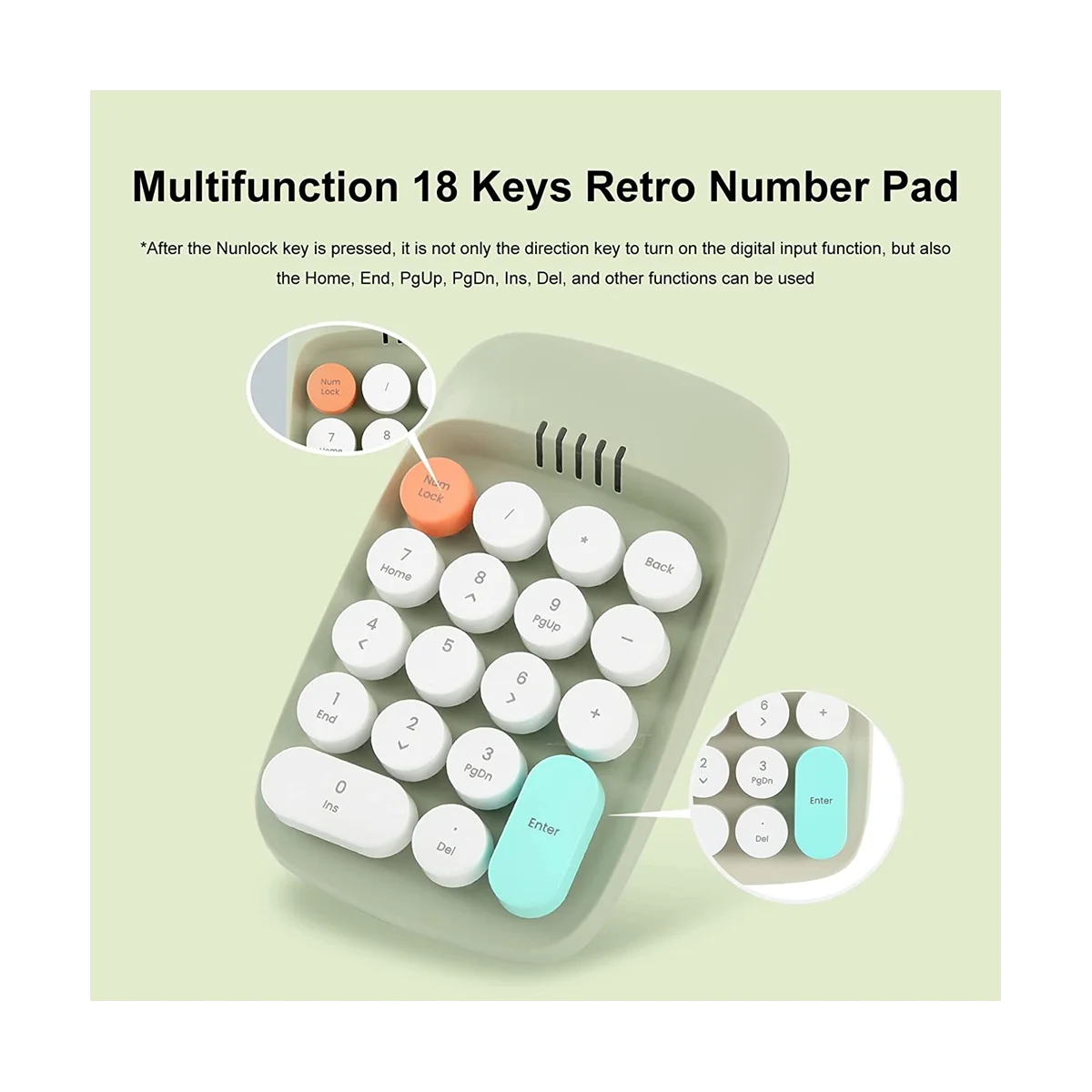 Беспроводная Цифровая клавиатура, Ретро-Клавиатура Пишущей Машинки, Цифровые Клавиатуры Numpad 18 Клавиш 2,4 ГГц Bluetooth Mini Keyboard (Зеленый) Изображение 2