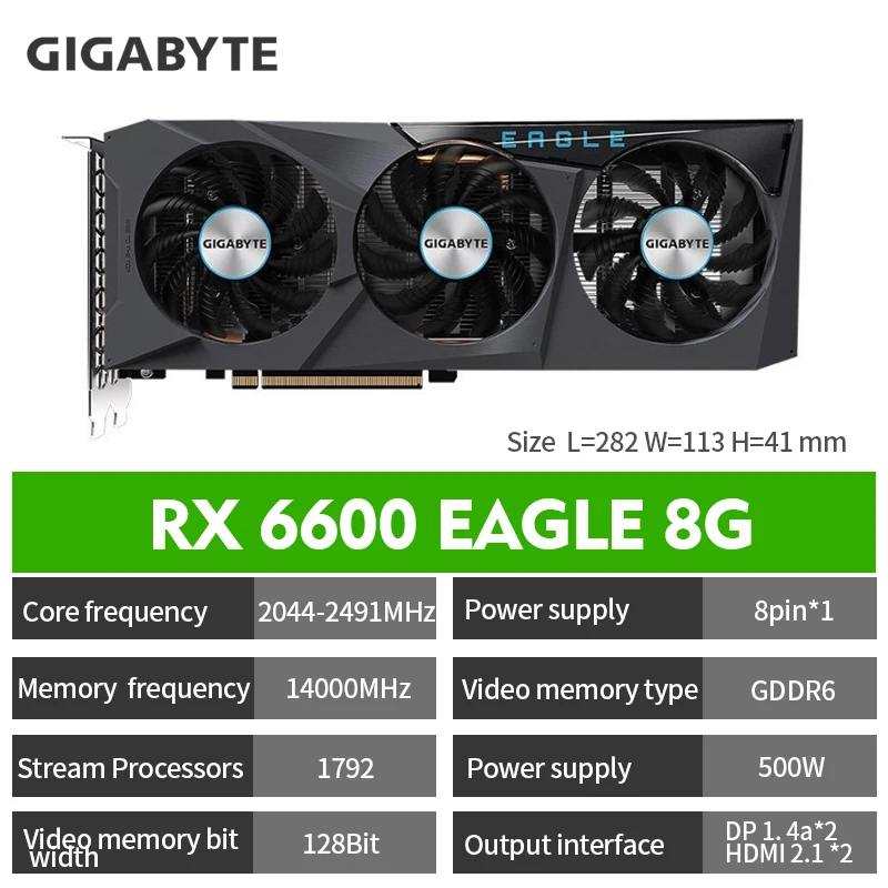 Видеокарты GIGABYTE Radeon RX6600 EAGLE 8G GDDR6 2491 МГц 128-битная Видеокарта Vedio PCIe 4.0 RX 6600 GPU Для Gaming place mae Изображение 2