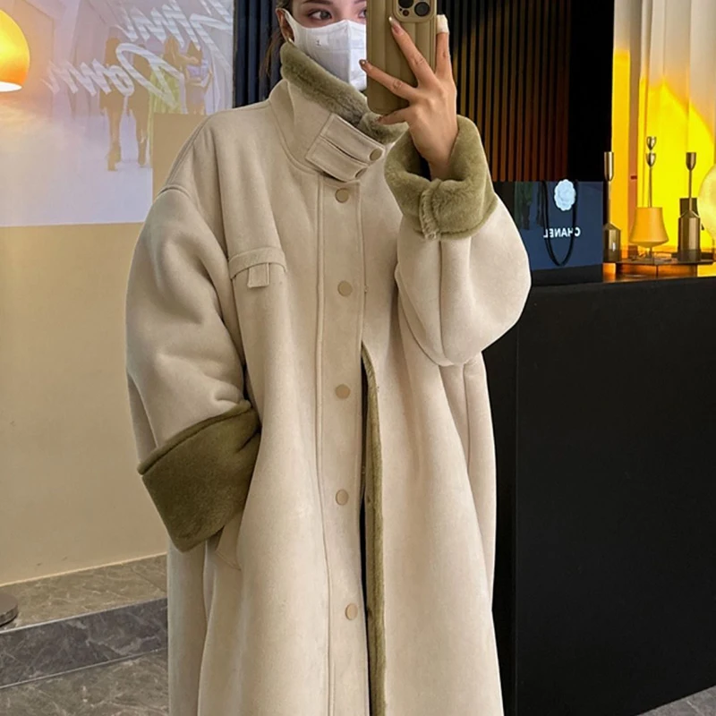 Высококачественные теплые пальто из искусственного ягненка, Женская Зимняя Корейская Элегантная однотонная утепленная Длинная куртка, Женская Свободная универсальная верхняя одежда из смесей Изображение 2