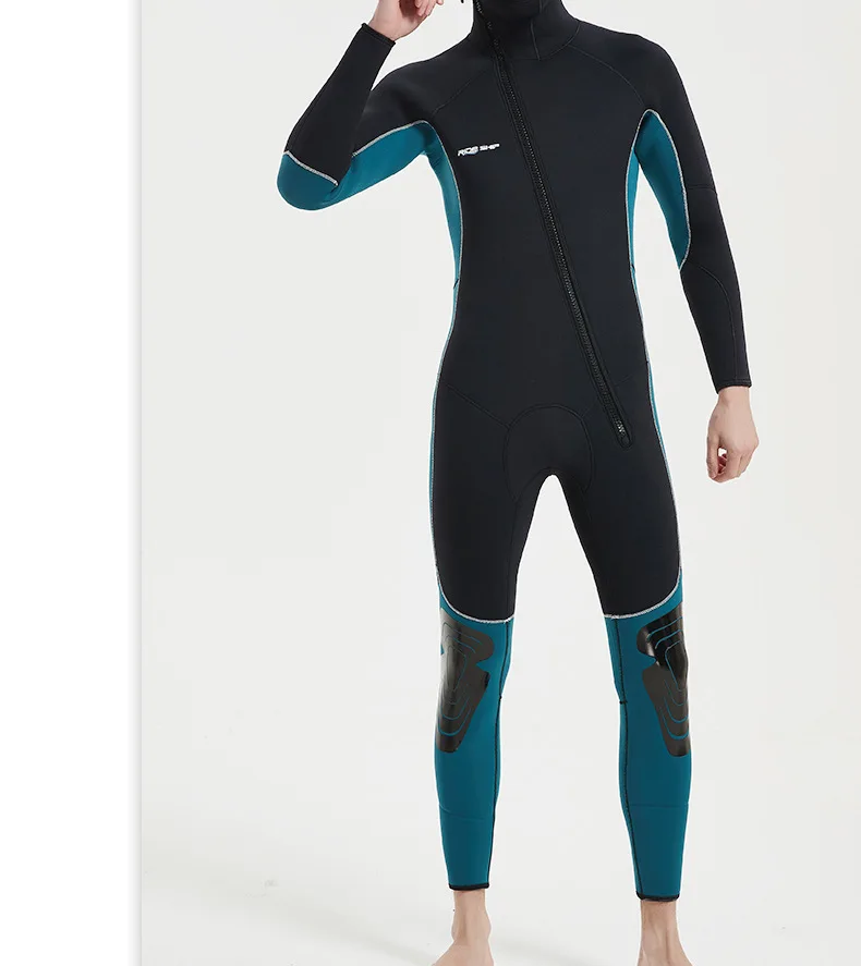 Гидрокостюм с капюшоном 5 мм и диагональной застежкой-молнией спереди для защиты от холода и тепла, гидрокостюм для серфинга, плавания, гидрокостюм для фридайвинга Изображение 2