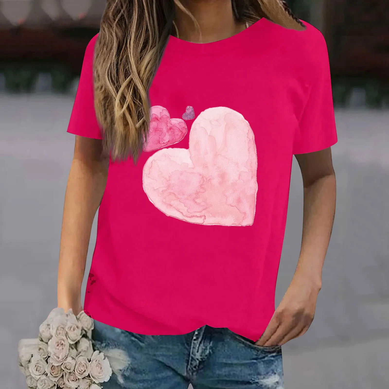 Женская новая летняя футболка с круглым вырезом и короткими рукавами с простым принтом любви на День Святого Валентина, повседневный топ Изображение 2
