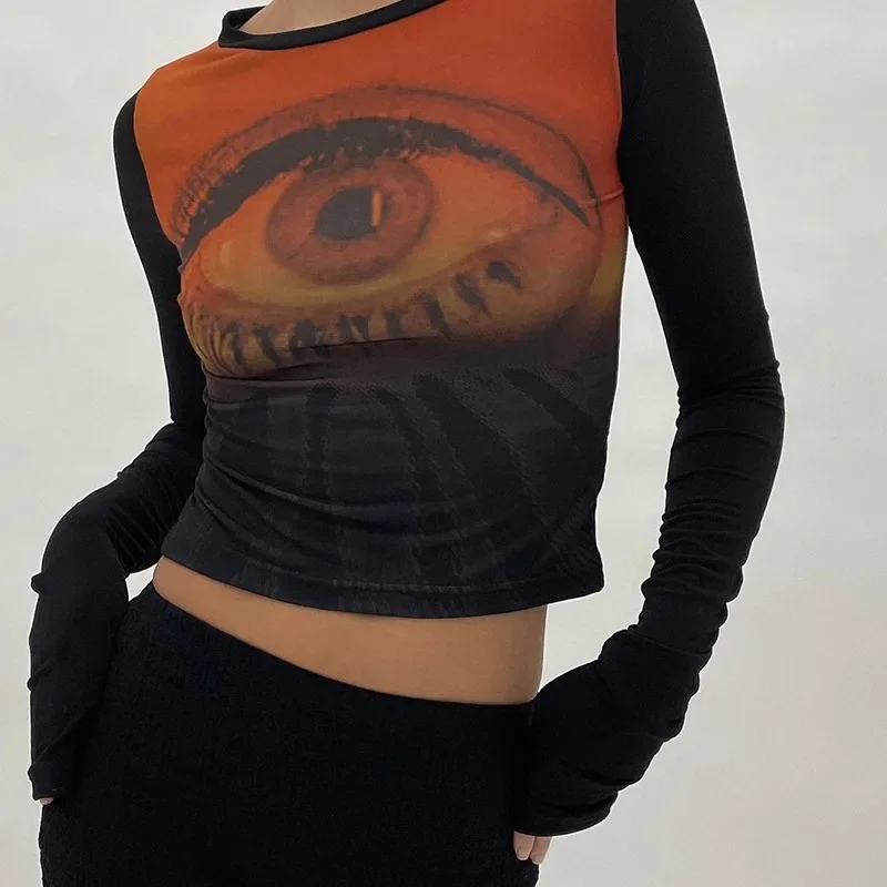 Женская укороченная футболка с длинным рукавом и круглым вырезом с принтом Глаз, повседневная укороченная футболка S-L Изображение 2