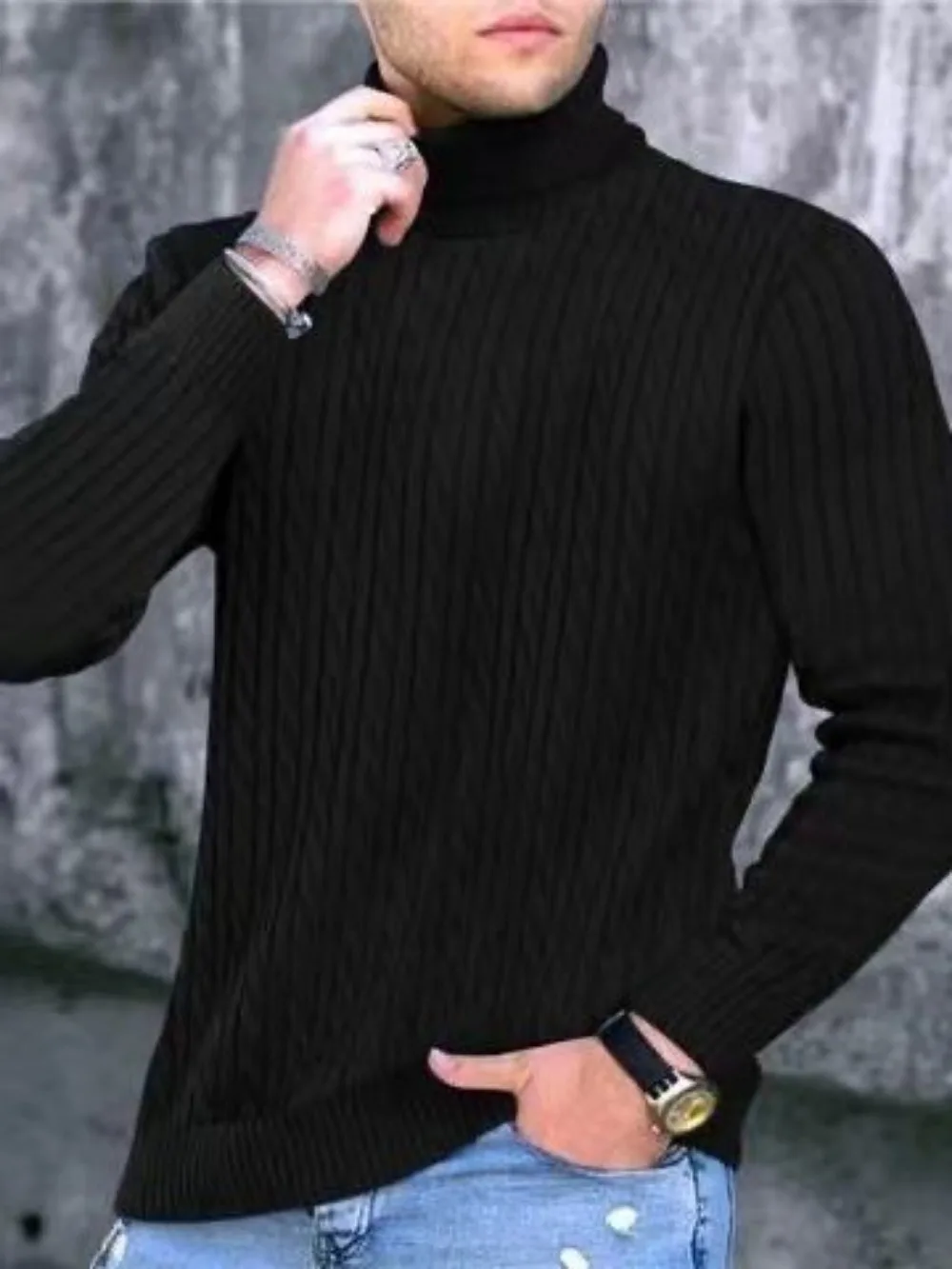 Зимний Повседневный Свитер-пуловер с высоким воротом Для мужчин, Модный Теплый Вязаный Шерстяной свитер-пуловер с высоким воротом и длинными рукавами для мужчин на открытом воздухе Изображение 2