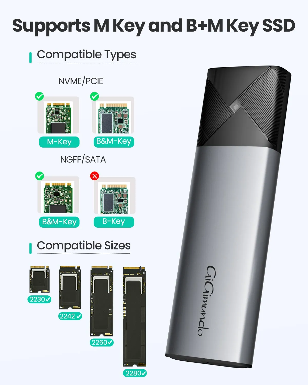 Корпус твердотельного накопителя GiGimundo M2 NVMe/SATA с двойным протоколом USB3.2 Корпус жесткого диска PCIe SSD 10 Гбит/с для M.2 SSD Внешний накопитель Изображение 2