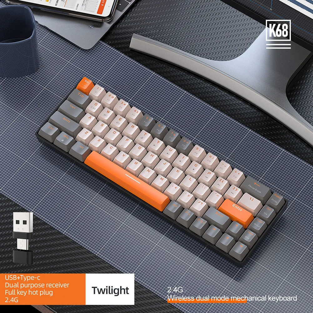 Механическая игровая клавиатура с поддержкой Bluetooth 5.0, беспроводная механическая клавиатура с поддержкой 2.4 G и 68 клавиш, портативная для настольного ноутбука. Изображение 2