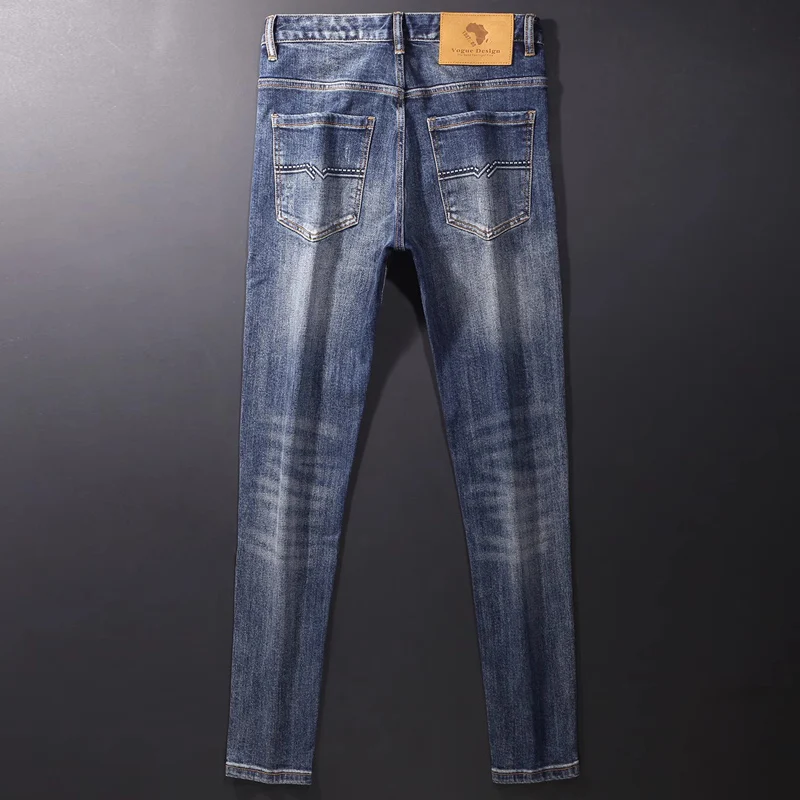 Модные дизайнерские мужские джинсы, высококачественные синие эластичные облегающие винтажные джинсы с вышивкой, мужские повседневные джинсовые брюки Homme Изображение 2
