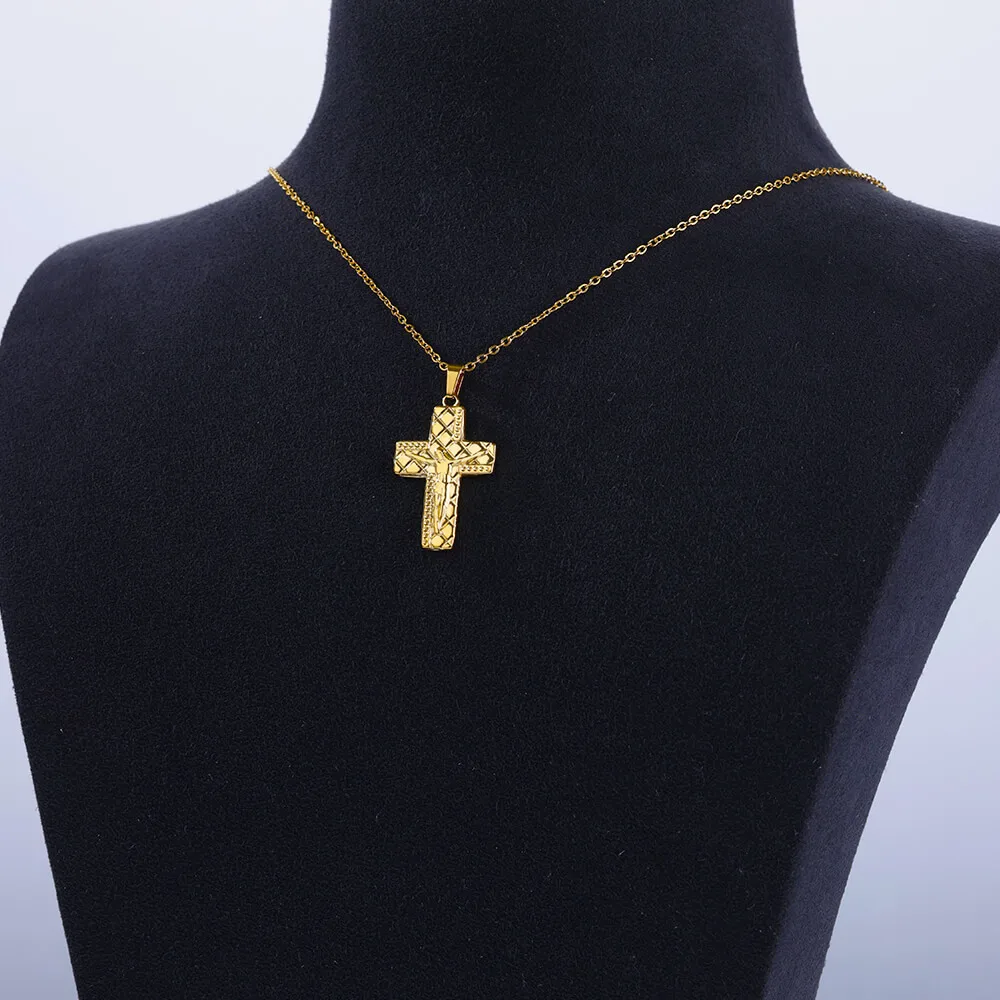Подвеска с крестом Иисуса, Золотое ожерелье с тиснением для женщин, колье из нержавеющей стали, повседневный трендовый ювелирный подарок Изображение 2