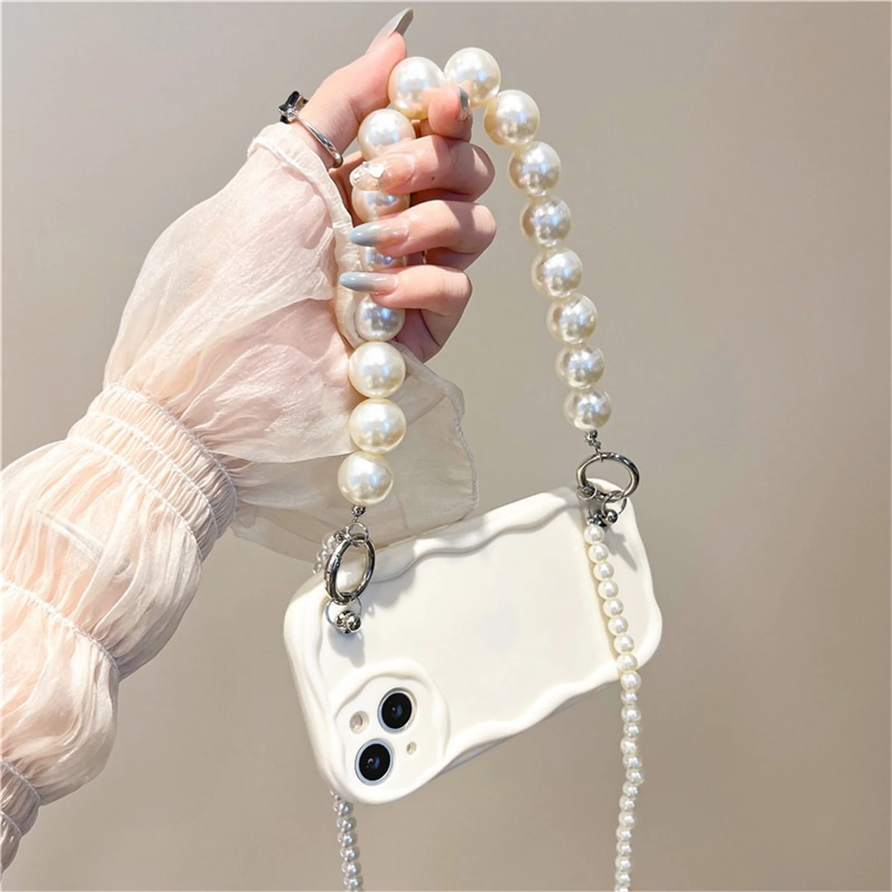 Роскошные корейские браслеты с жемчугом, цепочка с ремешком, волнистый чехол для iPhone 11 12 13 14 Pro Max XR X XS 15, задняя крышка с веревкой Изображение 2